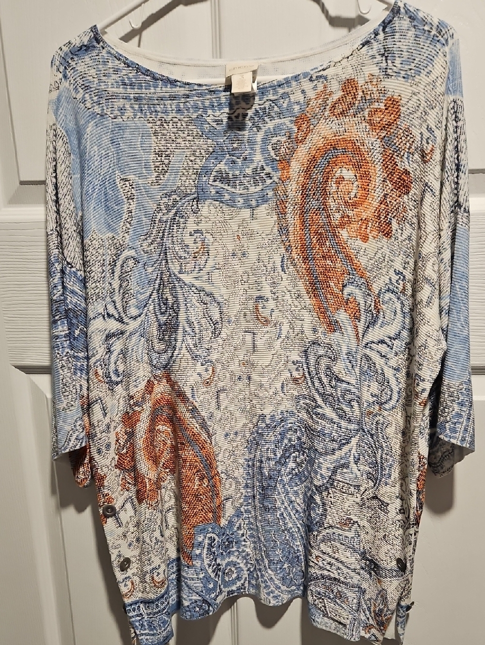 Chico's Blue and Cream Paisley-Print Knit Top